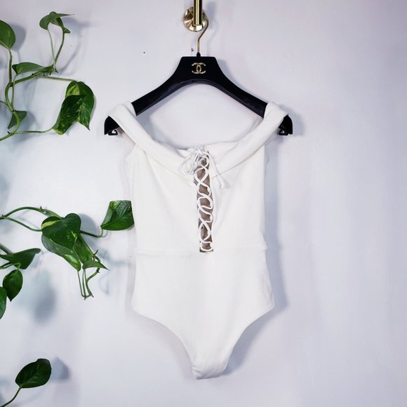 NWT L*SPACE x ANTHRO Off Shoulder Lace Up Swimsuit - Picture 4 of 14